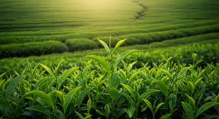 Fototapeta premium Green tea field under the sun