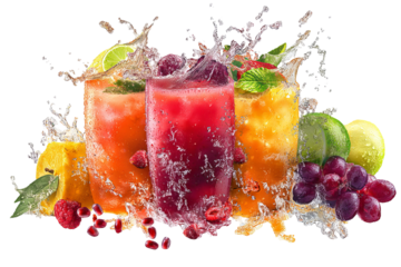 Vibrant cascade of mixed summer fruit juices splashing in mid‑air — ultra‑high‑resolution transparent background PNG cutout perfect for refreshing beverage branding, tropical drink advertising
