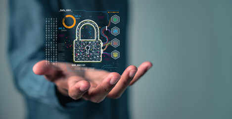 Protect data privacy with cybersecurity as a digital padlock is presented on a hand, symbolizing a...