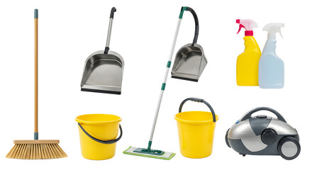 Fototapeta premium A collection of cleaning supplies including brooms, buckets, and spray bottles arranged for a home cleaning scene