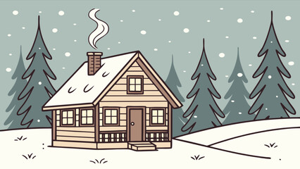 Winter cabin snow scene illustration vector art drawing of cozy home in snowy landscape with pine trees
