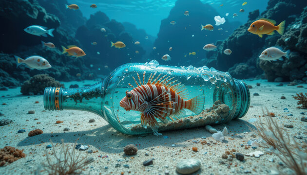 Underwater scene with fish inside glass bottle coral reef marine life ocean environment close-up view conservation message