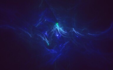 Abstract 3D illustration with fluid blue shapes on a dark black background. The design features dynamic.