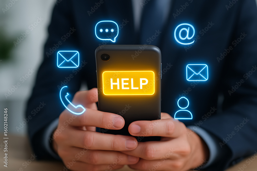 Poster help center support icon with communication channels including email phone and chat for customer ser