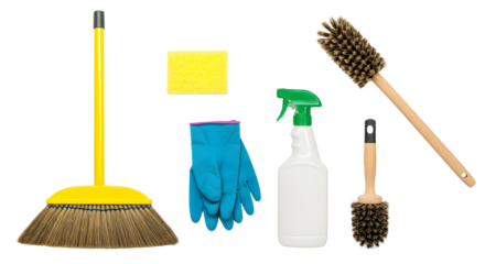 A collection of cleaning tools including a broom, sponge, gloves, spray bottle, and brush, ideal for home cleaning tasks