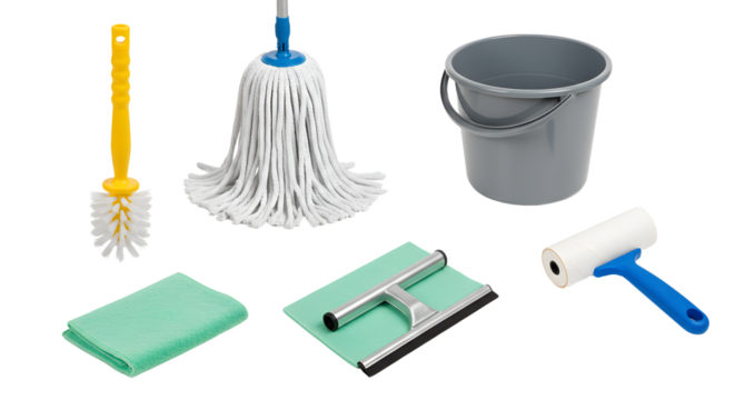 A collection of cleaning tools including a mop, bucket, squeegee, and cloth, set against a neutral background for home care use