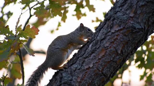 Squirrel climbs a textured, gnarled tree branch with leaves around it