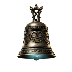 Ornate Bronze Bell with Intricate Carvings and Blue Orb