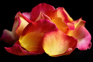 Close up of rose petals on a blurred black background suitable for design and texture
