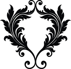 Abstract black floral ornament with swirling decorative elements and vintage leaf pattern on white background