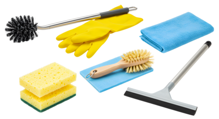 A vibrant assortment of cleaning tools including sponges, brushes, and cloths arranged neatly on a white background