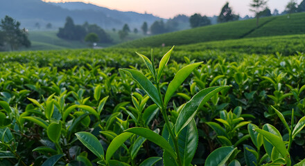 Fototapeta premium Lush tea plantation with vibrant green foliage