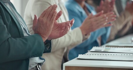 Business, panel or clapping hands in meeting for corporate training, expo success or seminar speech. Conference, people or applause in workshop for career development, upskill convention or well done - Powered by Adobe