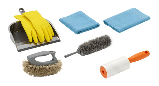 A vibrant collection of cleaning tools including gloves, cloths, and brushes arranged neatly on a white background