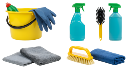 A vibrant yellow cleaning bucket surrounded by various cleaning supplies, showcasing a tidy workspace for effective cleaning