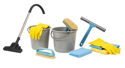 Cleaning supplies arranged neatly, including buckets, gloves, and brushes, set against a white background for promotional use