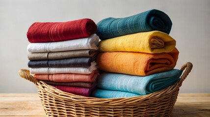 Colorful rolled linen towels neatly arranged in a wicker basket.