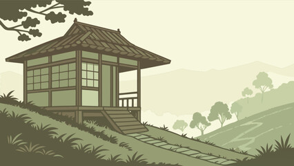 Japanese tea house in nature landscape vector illustration oriental architecture scenic background for relaxation