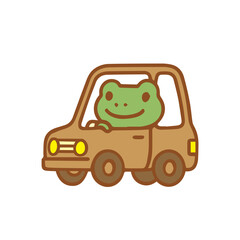 Frog Driving a Brown Car Cute Cartoon Illustration