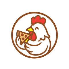 Happy chicken eating pizza slice, brown circle logo.