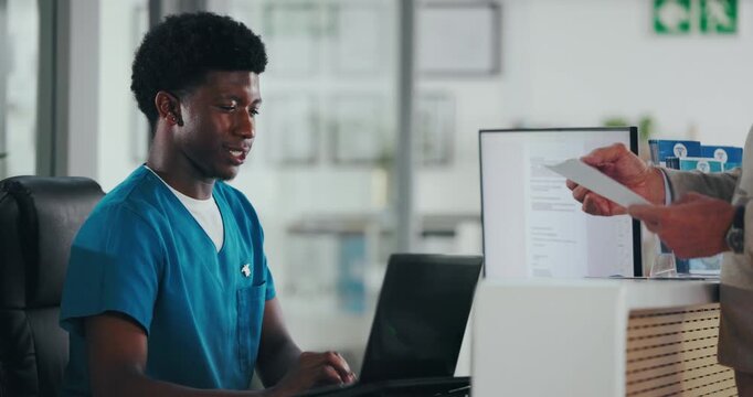 Man, nurse or receptionist with patient form for medical application, survey or check in for visit. Male person, secretary or health assistant with document at front desk for registration or schedule