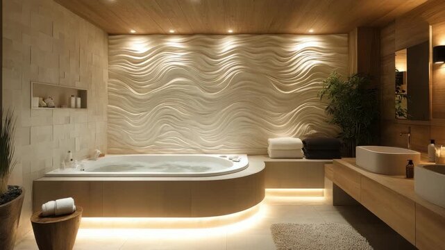 Modern luxury bathroom interior design with a relaxing jacuzzi tub and elegant lighting creating a