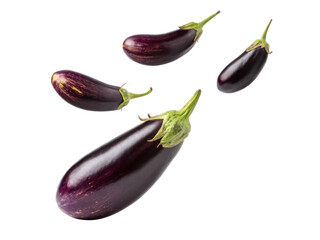 Fresh eggplants in various sizes showcase their rich purple color and smooth texture, perfect for healthy dishes and vibrant presentations