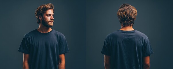 Pensive Man Front and Back View, Bearded Portrait, Style, Male model