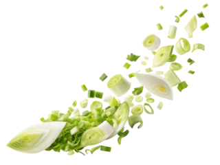 Fresh endive and green onions are beautifully sliced and scattered, creating vibrant display of colors and textures in this culinary scene