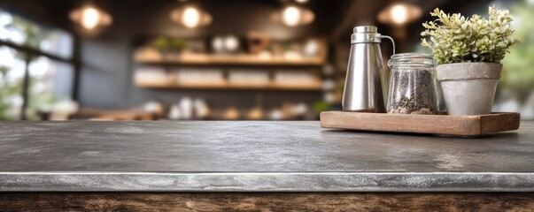 Rustic Countertop Still Life with Plant and Jar, Cafe , Interior