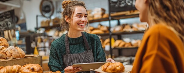 Smiling Bakery Worker Serving Customer with Pastry and Tablet, Small business , Retail