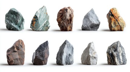 Ten Assorted Rock Specimens on White, Geology , Minerals