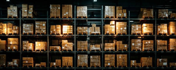 Warehouse Shelves Packed with Boxes on Pallets, Distribution , Logistics