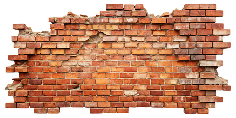 Weathered red brick wall with visible cracks and missing bricks on black background isolated on a transparent background