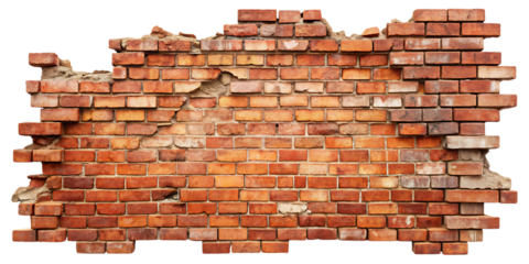 Weathered red brick wall with visible cracks and missing bricks on black background isolated on a transparent background