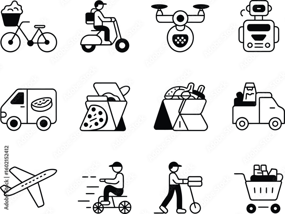 Poster collection of hand drawn icons representing various delivery methods and services