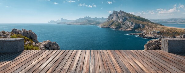 Wooden Deck View Cliffs, Sea and Distant Mountains, Coastal Scenery, Landscape photography