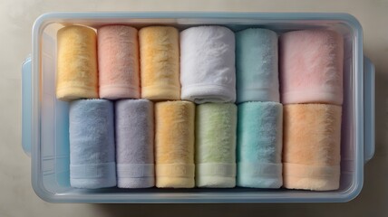 Soft pastel towels rolled up in a clear plastic storage box