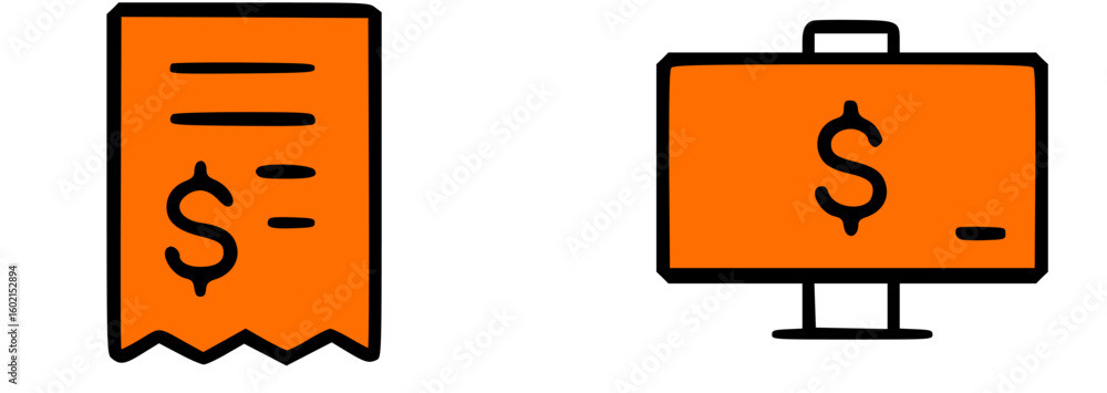 Poster orange icons depicting a receipt and a computer screen, both displaying a dollar sign.