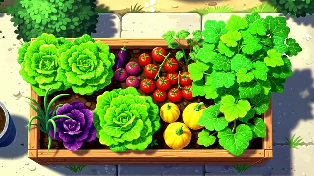 Cartoon-style garden box with tomatoes, lettuces, and pumpkins on a sunny day