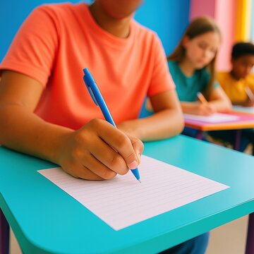 Estudiantes escribiendo en hojas blancas sobre pupitres coloridos en aula, enfoque en la mano de un ni&ntilde;o con bol&iacute;grafo azul, educaci&oacute;n y aprendizaje escolar