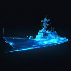 USS Navy battleship Arleigh Burke concept wireframe illustration icon 3D blue glowing model on a black background