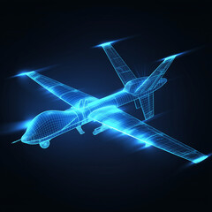 MQ 9 Reaper drone wireframe 3d model x-ray object illustration blue glowing side view