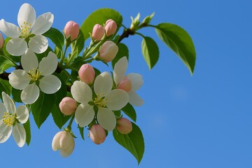 Beautiful and delicate apple flowers in the morning sun close up.  Apple blossom. Spring background.