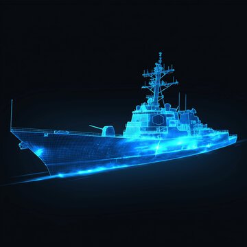 USS Navy battleship Arleigh Burke concept wireframe illustration icon 3D blue glowing model on a black background