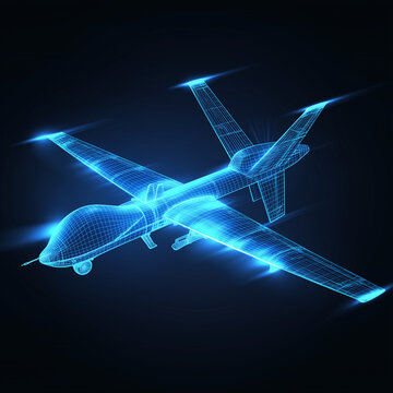 MQ 9 Reaper drone wireframe 3d model x-ray object illustration blue glowing side view