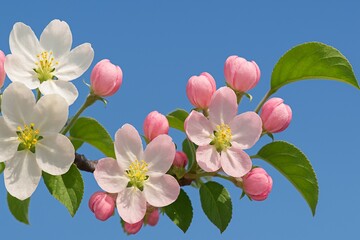 Beautiful and delicate apple flowers in the morning sun close up.  Apple blossom. Spring background.