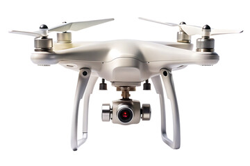 White quadcopter drone with camera gimbal and propellers against black background isolated on a transparent background