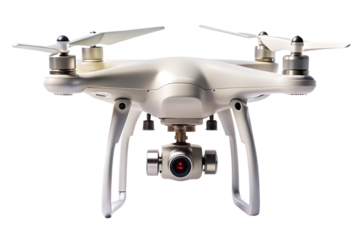 White quadcopter drone with camera gimbal and propellers against black background isolated on a transparent background
