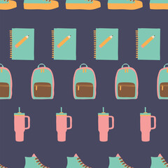 Back to School Vector Seamless Pattern with Cute Supplies and Stationery